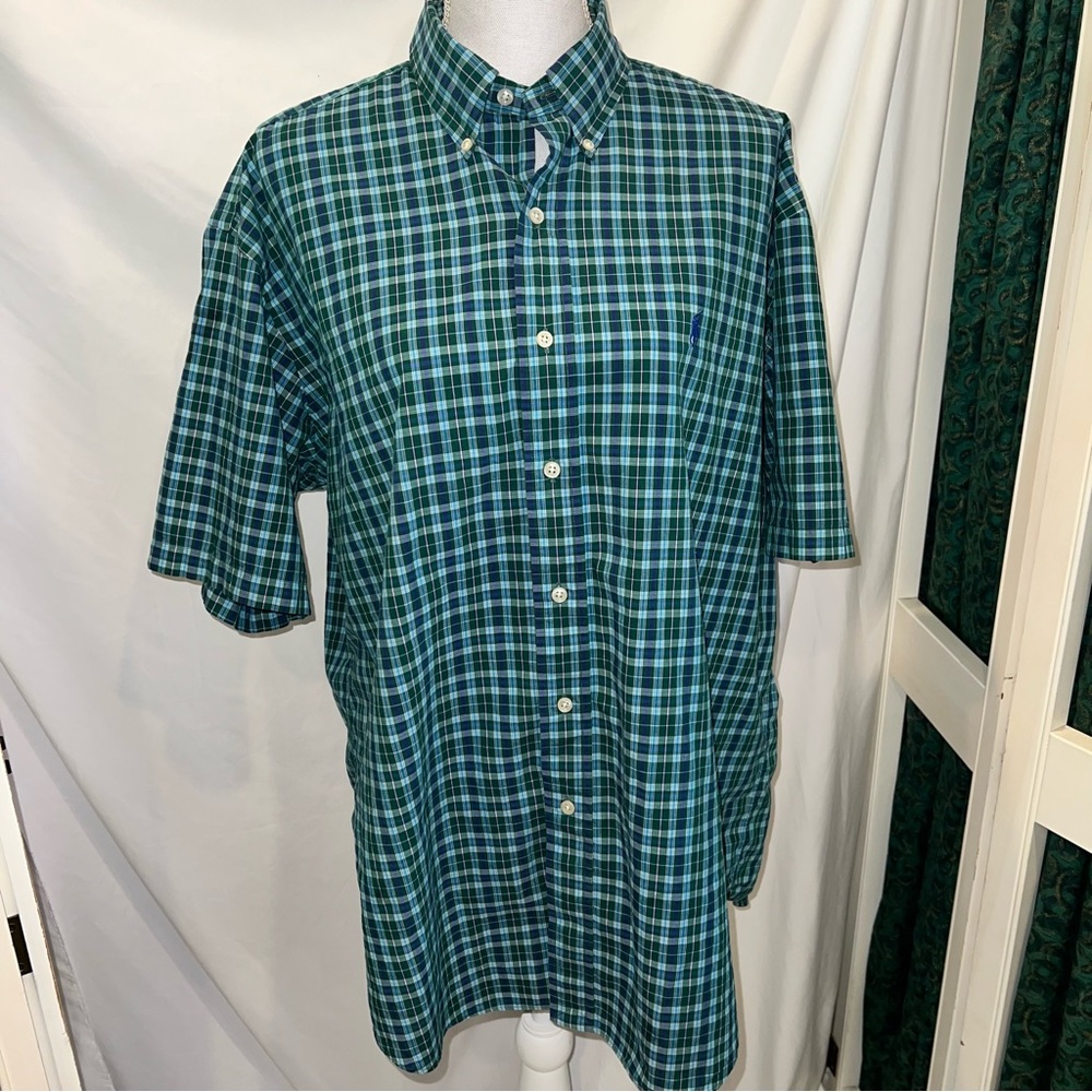 Vintage Ralph Lauren Blake Cotton Short Sleeve Blue Plaid Button Down Large